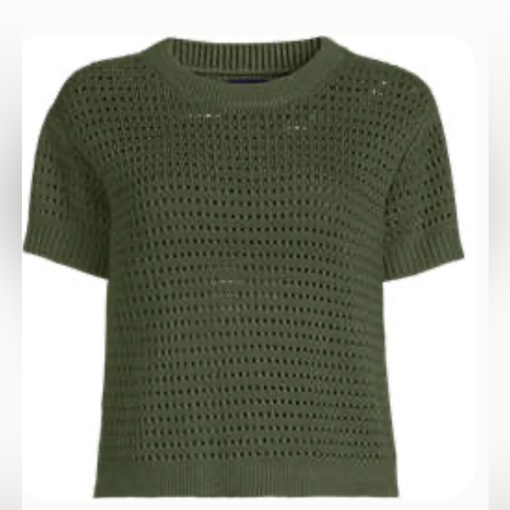 Lands' Ends Women's Green Open Weave Short Sleeve Crew Neck Sweater Sz L